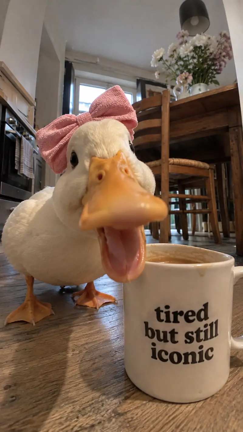 A white duck in a pink bow shrieks at the camera beside a white mug reading “tired but still iconic”
