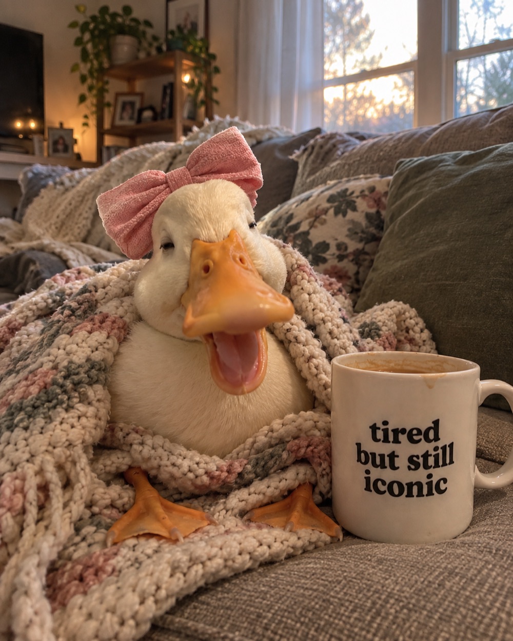 Duck with a pink bow wrapped in a knit blanket on a couch next to the mug