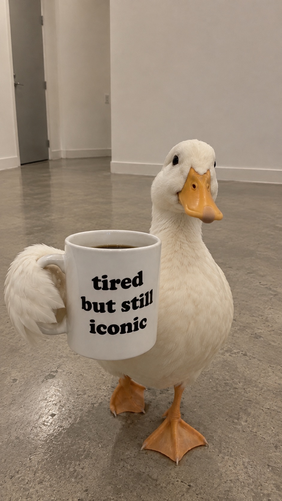 The duck holding the mug with her wing and looking at the camera