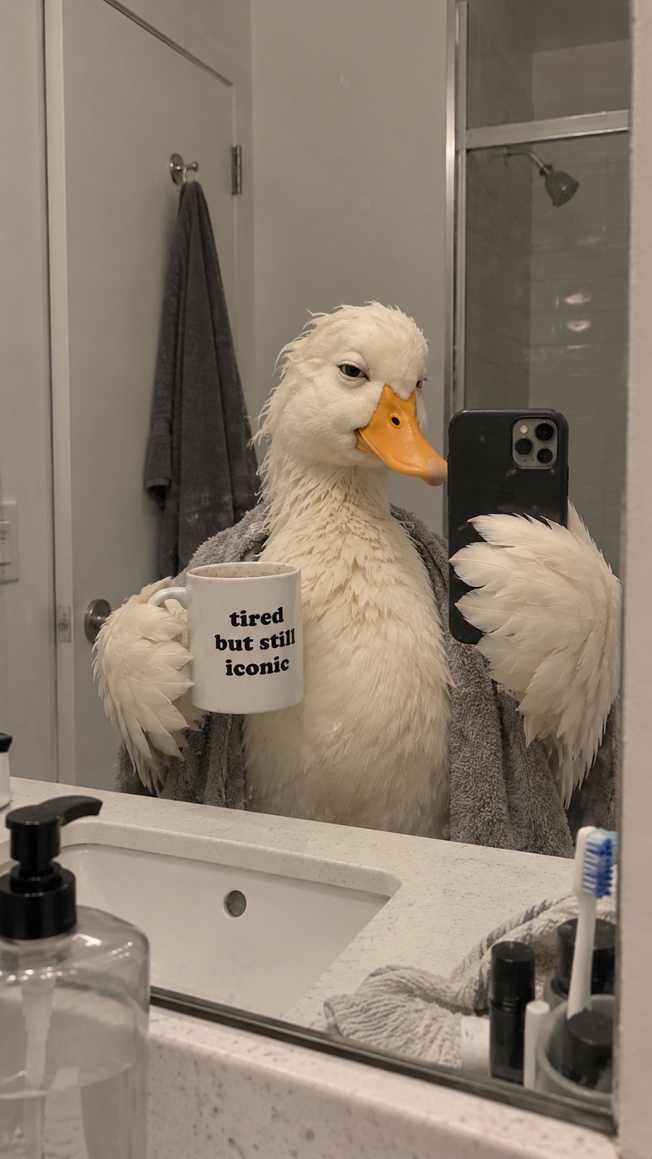 Wet duck in a towel taking a mirror selfie with the mug